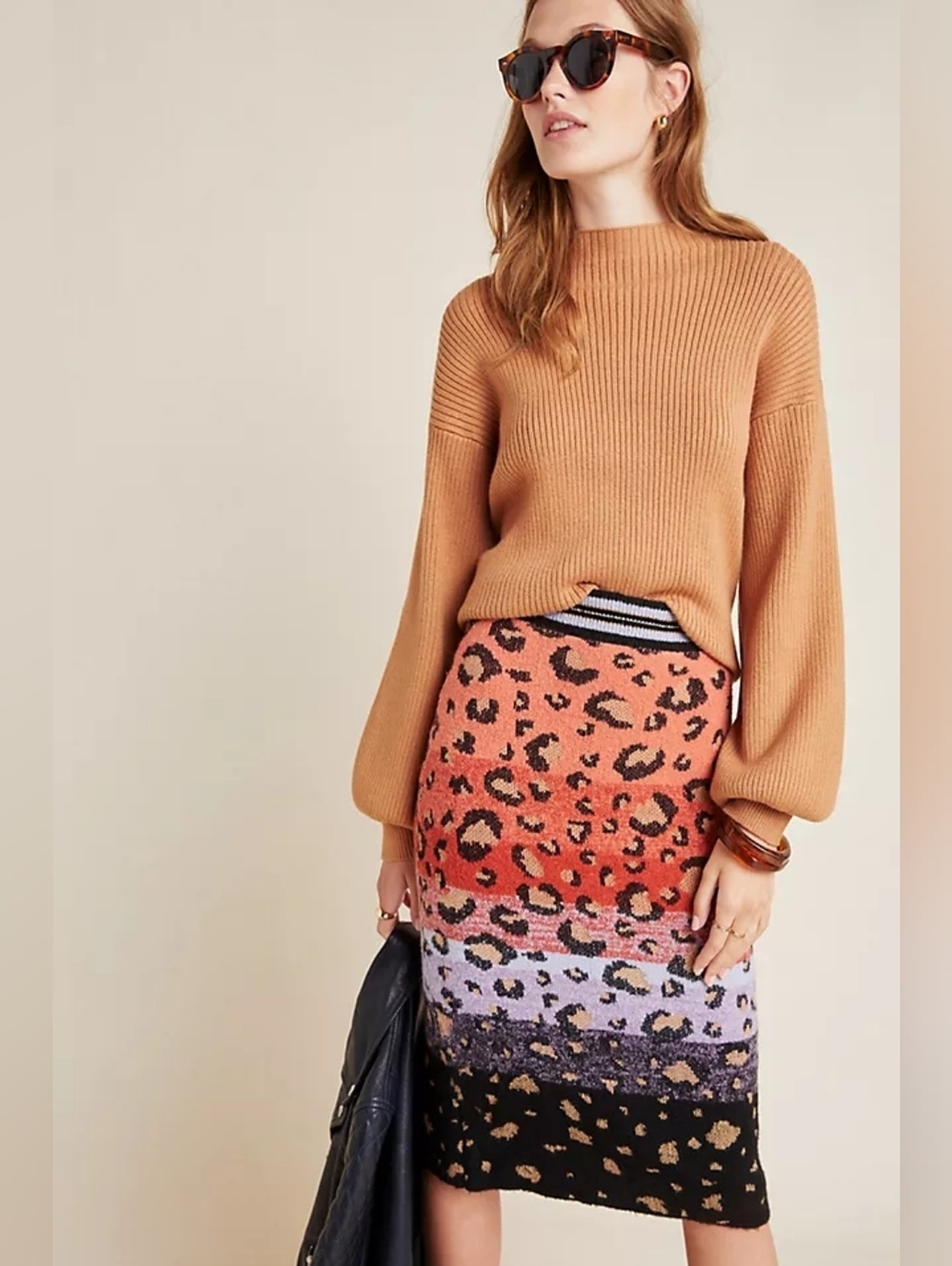 NWT Anthropologie Maeve Cheetah Orange, Black, Purple Sweater Knit Skirt Size XL - Picture 9 of 10
